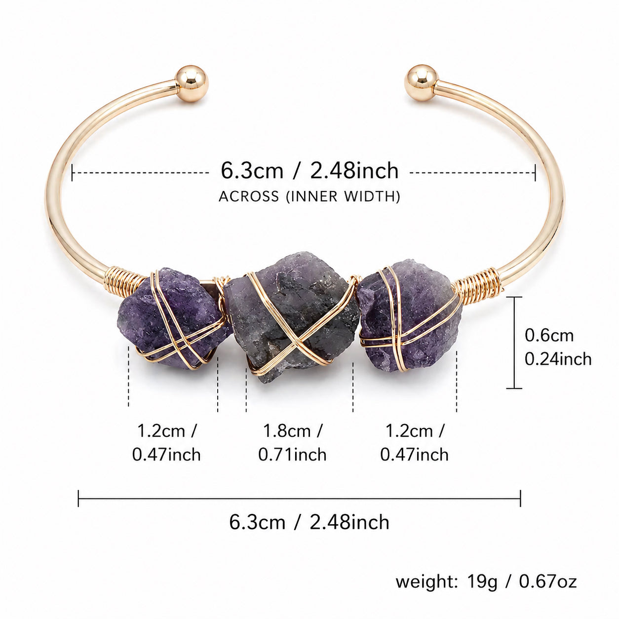 Amethyst stone cuff bracelet showing 6.3 cm inner width, crystal sizes, and 19 gram weight.
