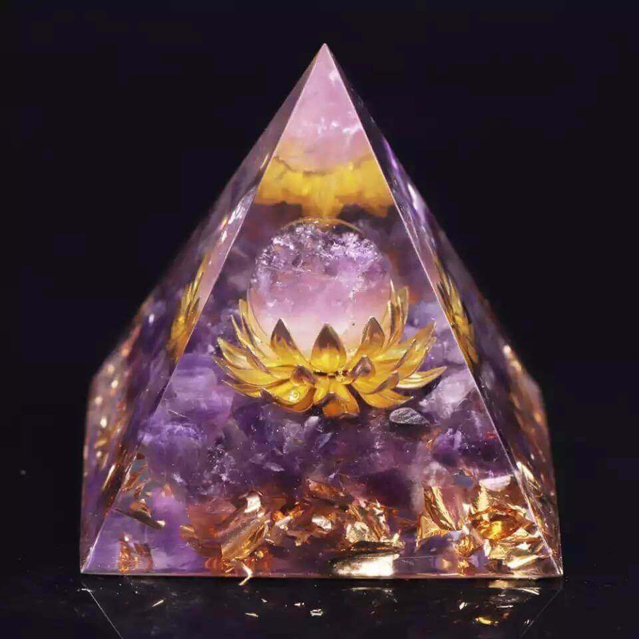 Front view of Amethyst Lotus Crystal Pyramid featuring an amethyst sphere, gold lotus, copper, and gold foil.