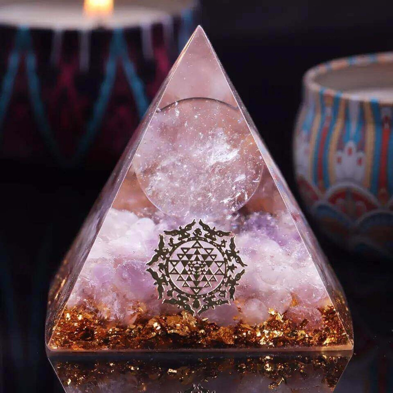 Amethyst & White Crystal Pyramid with clear crystal sphere, gold foil base, and Sri Yantra symbol on front.
