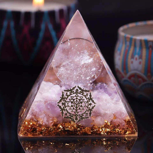 Amethyst & White Crystal Pyramid with clear crystal sphere, gold foil base, and Sri Yantra symbol on front.