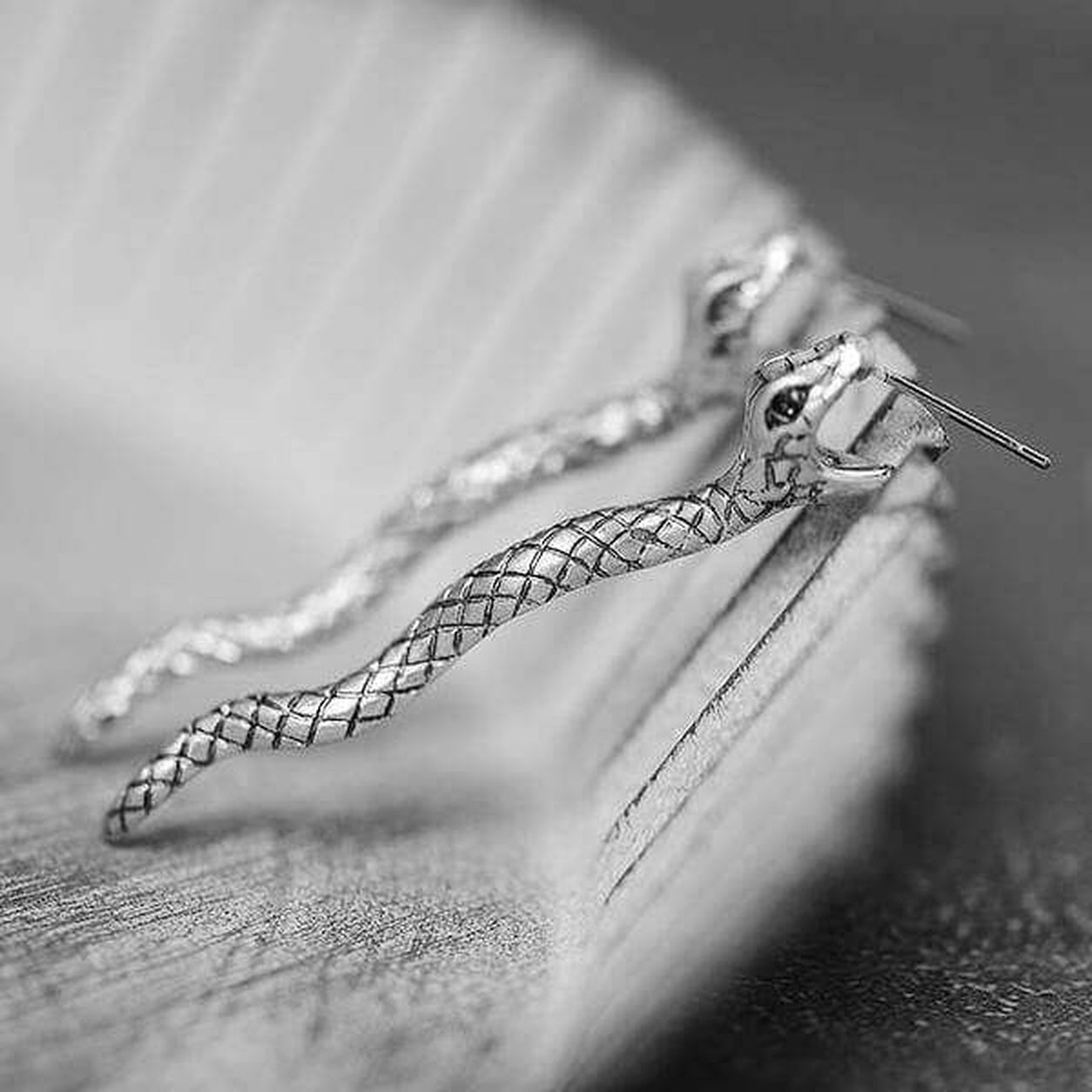 Ancient Silver Snake Earrings displayed on a textured jewelry stand, featuring detailed serpent scales and antique silver finish.