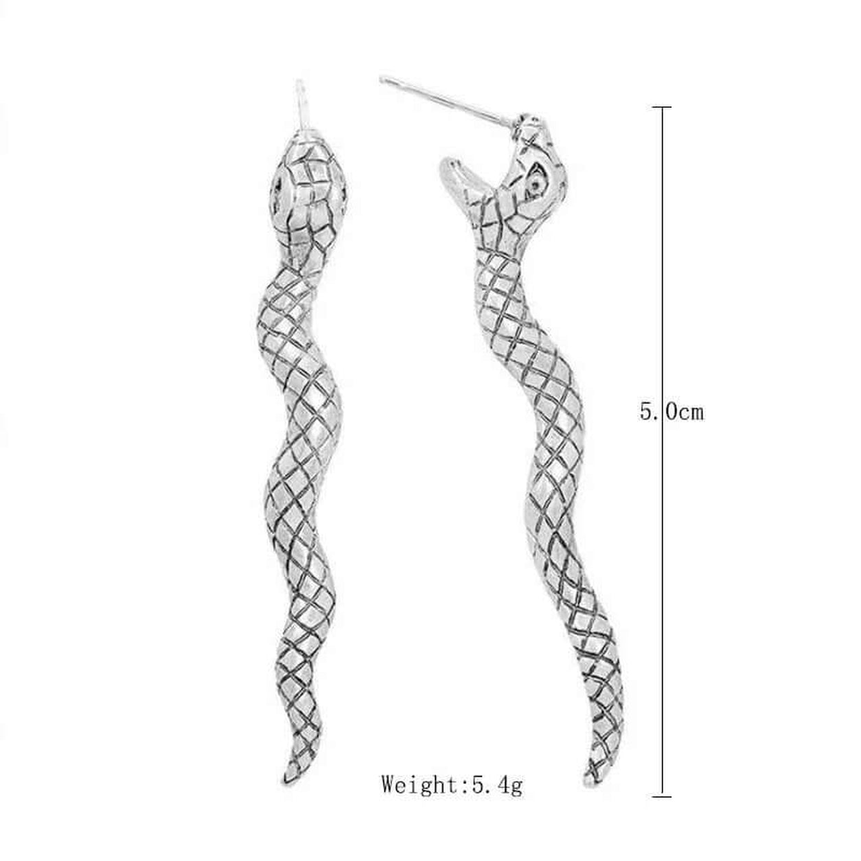 Front view of Ancient Silver Snake Earrings on a white background showing detailed serpent design and antique silver finish.