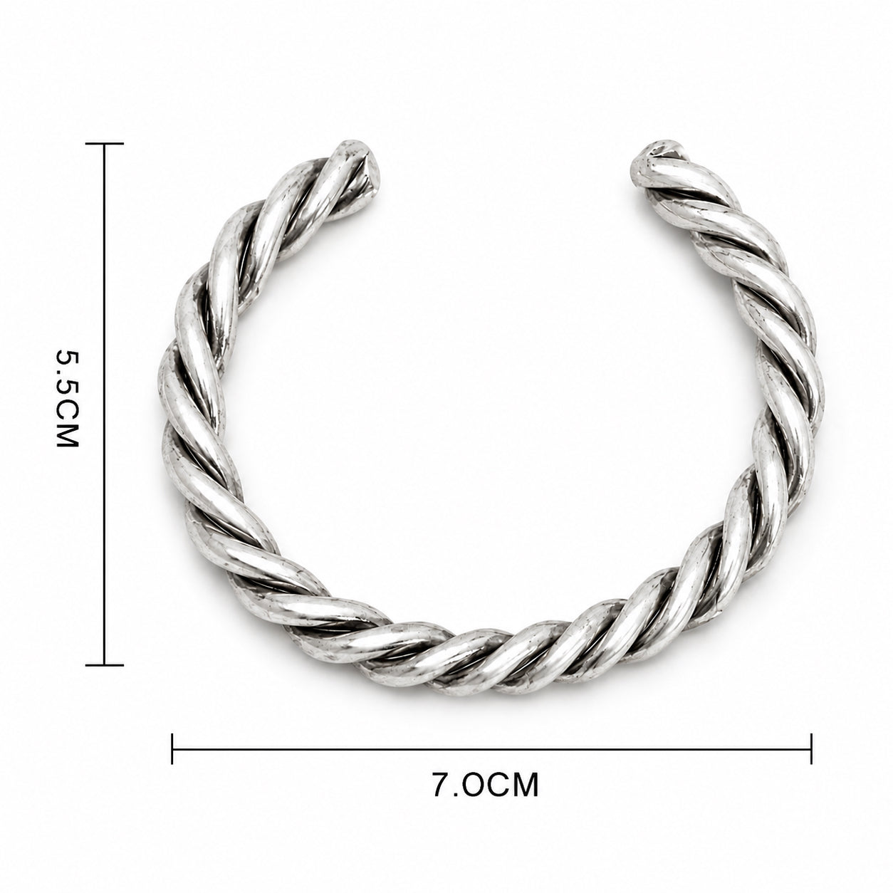 Antique Silver Coil Cuff Bracelet dimensions showing 7 cm width and 5.5 cm height.