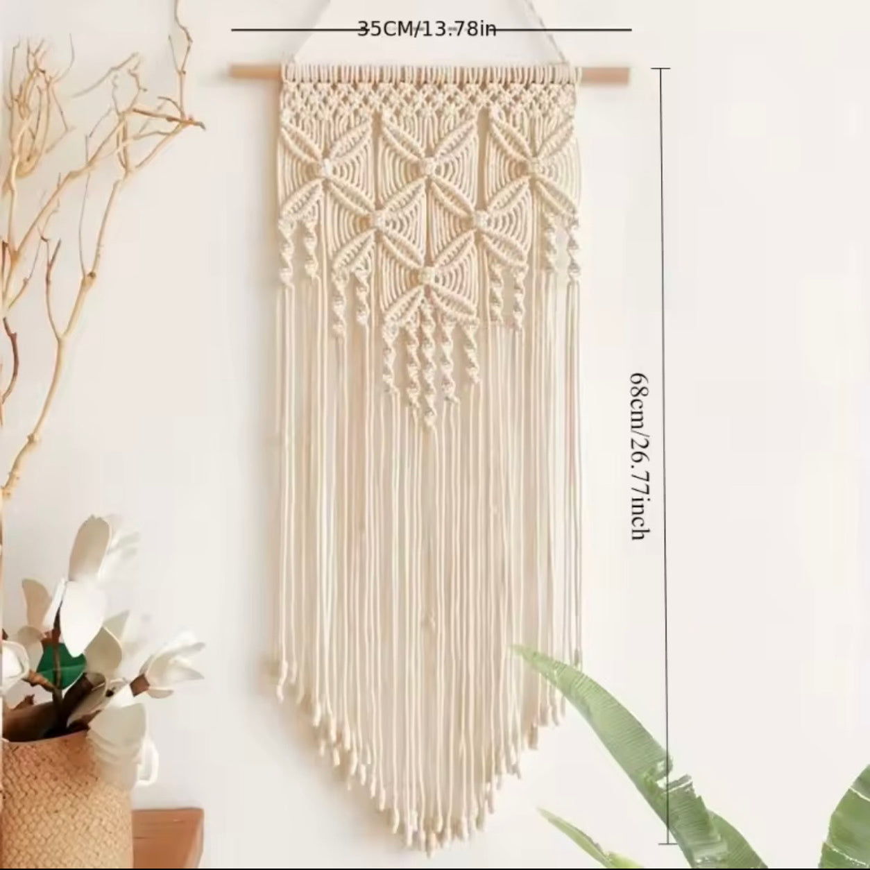 Bohemian Nature Macrame Wall Hanging with dimensions measuring 68 cm tall and 35 cm wide.