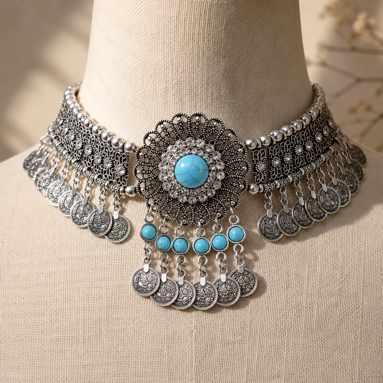 Front view of the Bohemian Turquoise Collar Necklace featuring a floral turquoise centerpiece and antique silver coin fringe.
