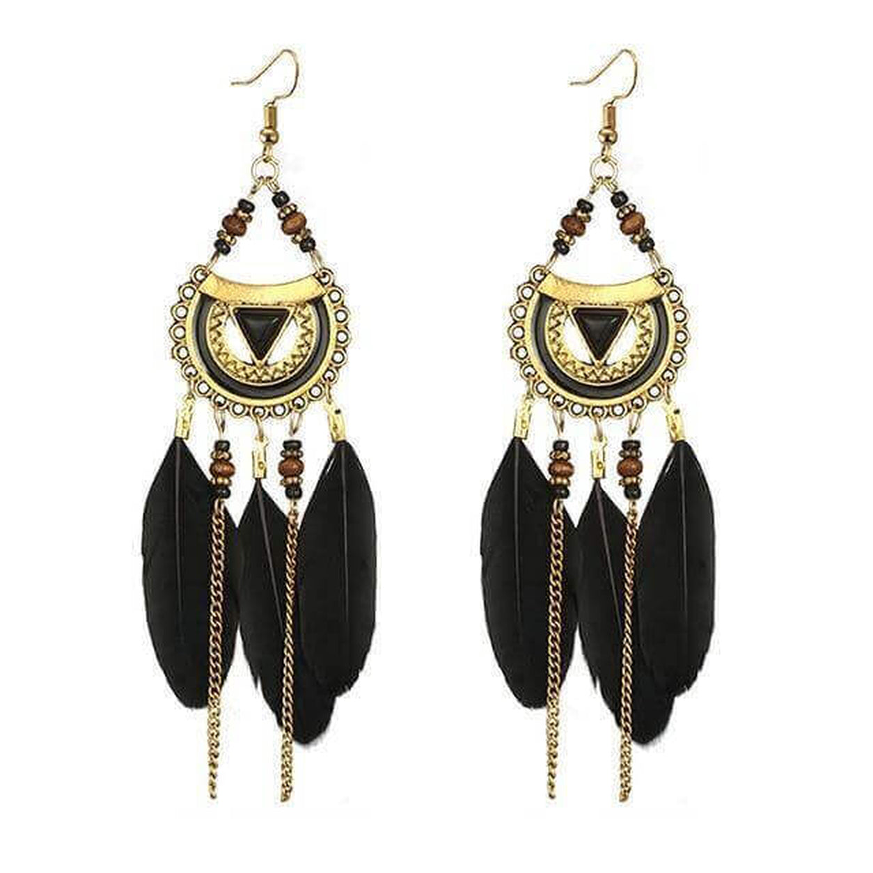 Black Boho Feather Statement Earrings with antique gold crescent detail, wooden beads, and dangling feather accents.