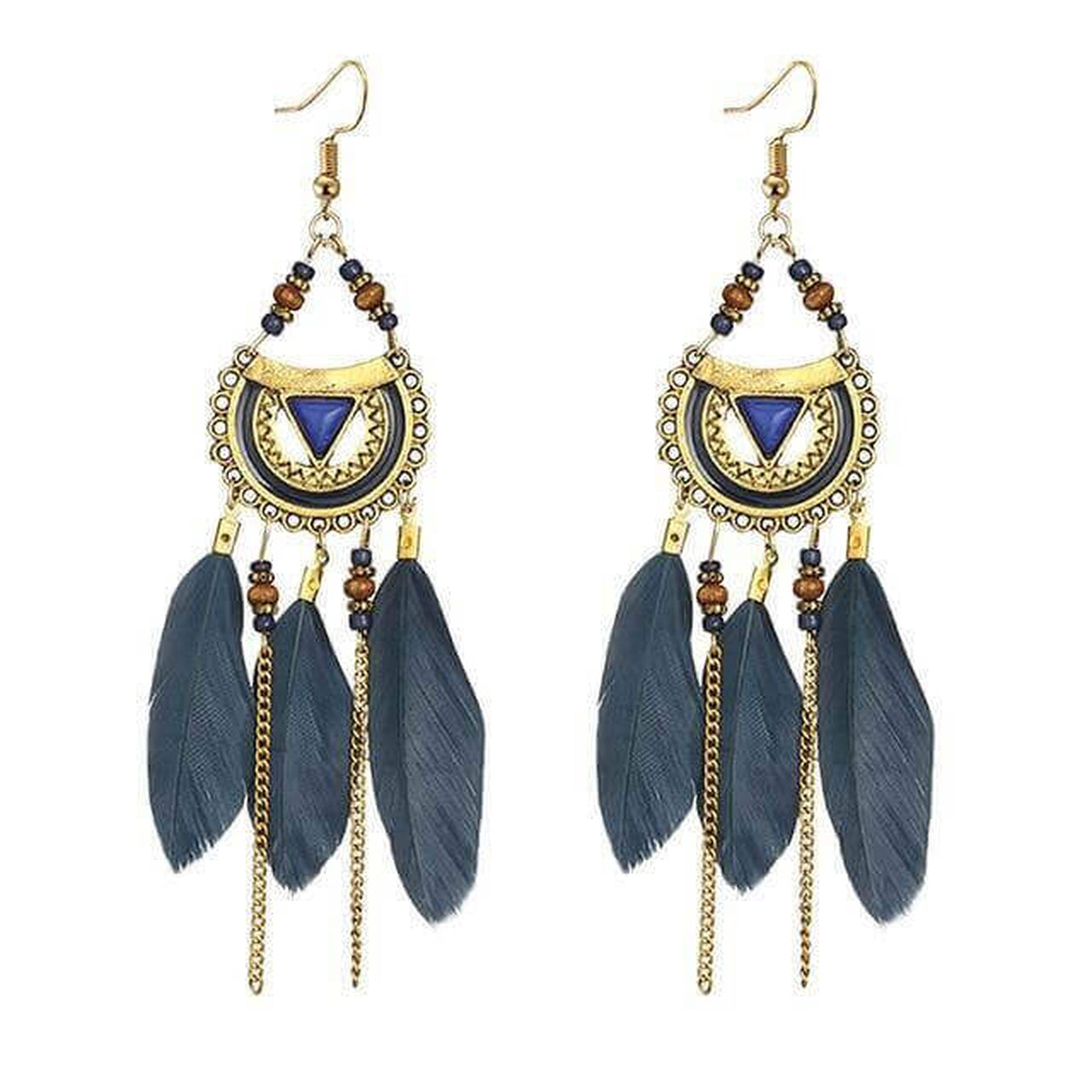 Blue Boho Feather Statement Earrings featuring antique gold crescent accents, wooden beads, and soft feather tassels.
