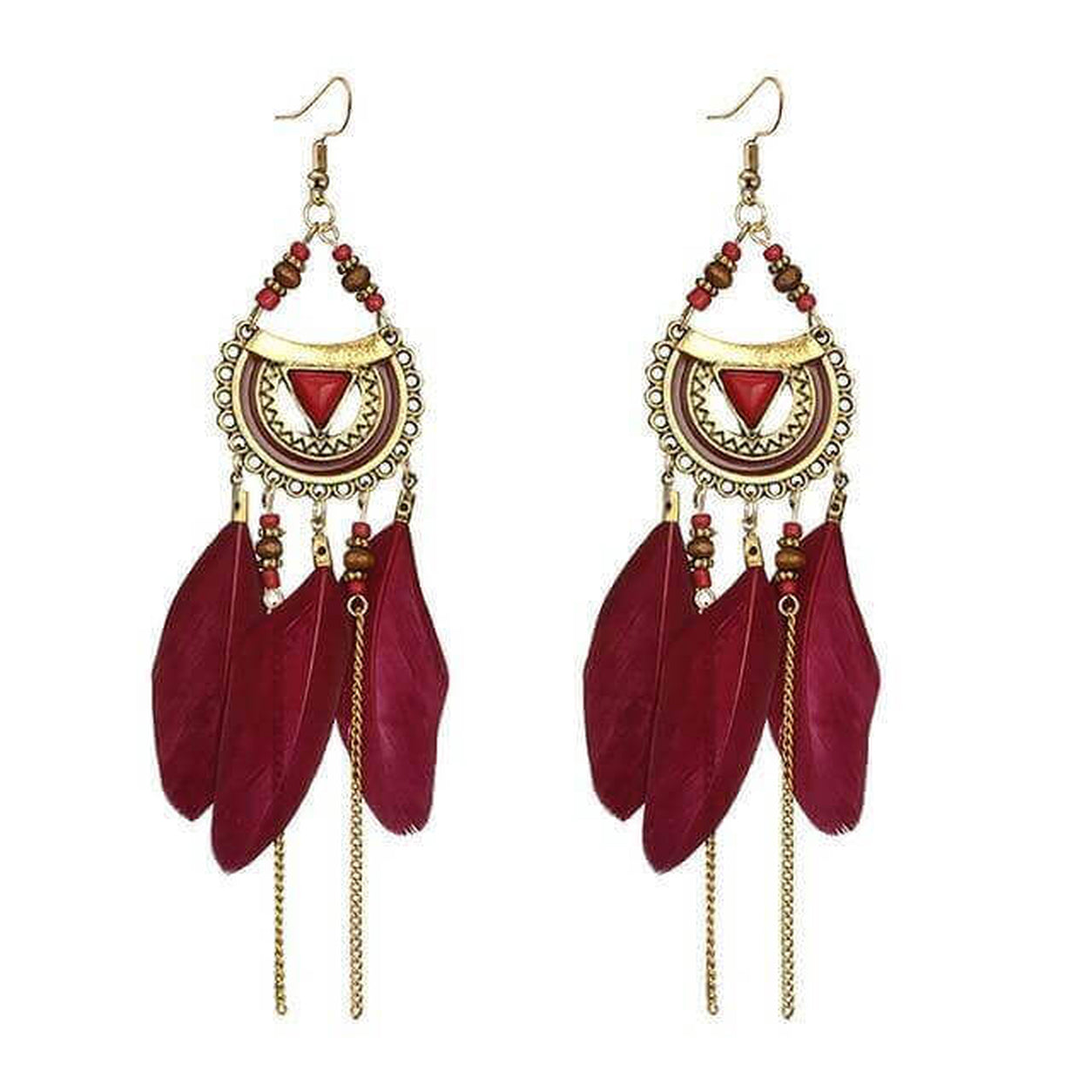 Red Boho Feather Statement Earrings featuring antique gold crescent details, wooden beads, and flowing feather tassels.