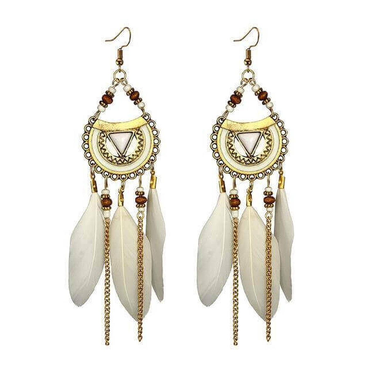 White Boho Feather Statement Earrings with antique gold crescent charm, natural wood beads, and feather tassels.