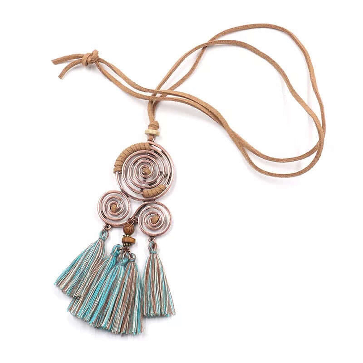 Turquoise Boho Spiral Tassel Necklace featuring copper spiral charms, long faux suede cord, and layered tassels.