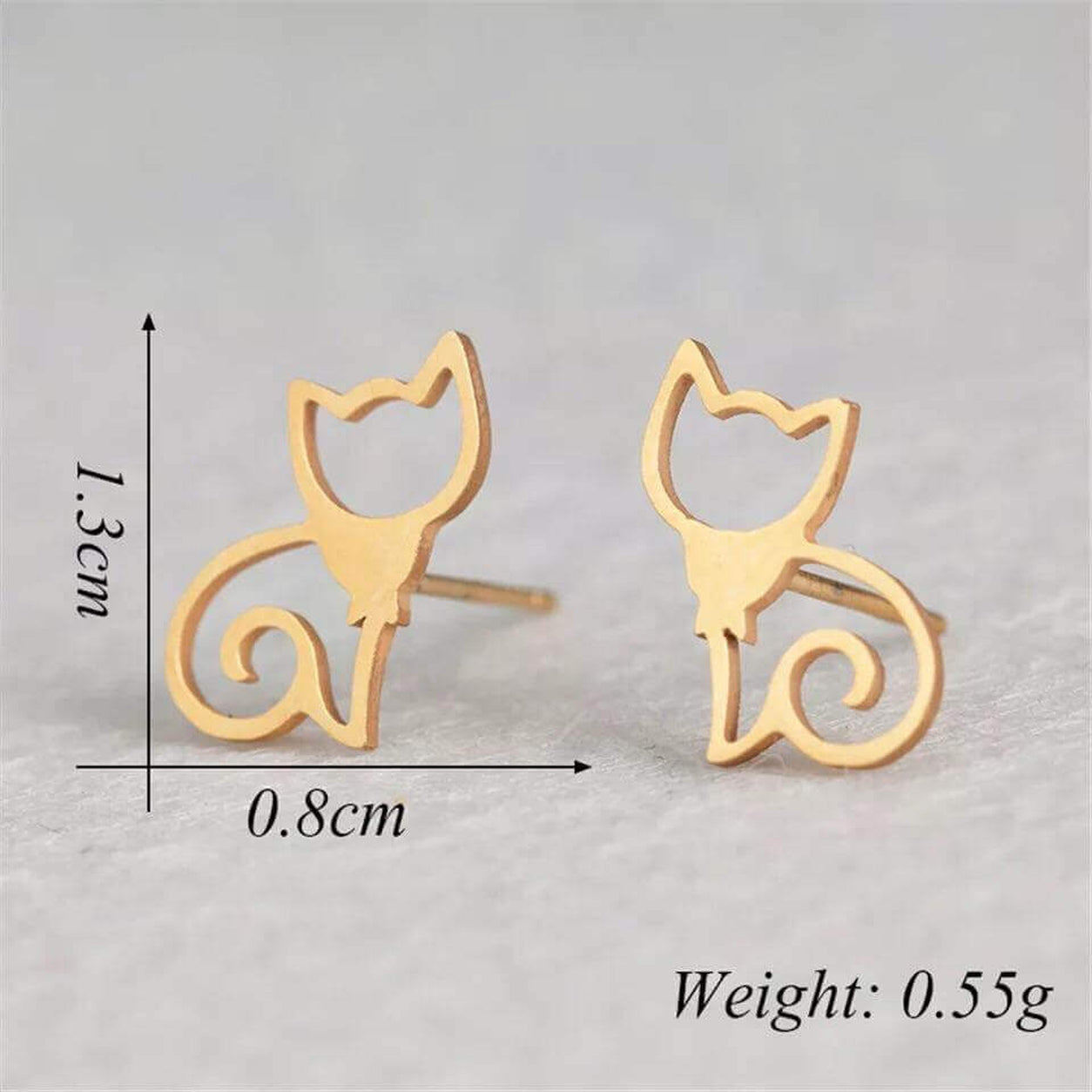 Cat stud earrings shown with size reference, measuring approximately 1.3 cm tall and 0.8 cm wide.