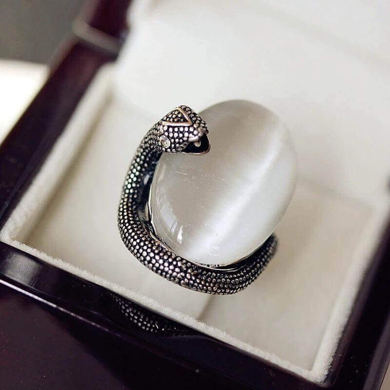 Cat’s Eye Stone Snake Ring featuring a textured silver-tone snake wrapped around an oval white cat’s eye gemstone in a jewelry box.