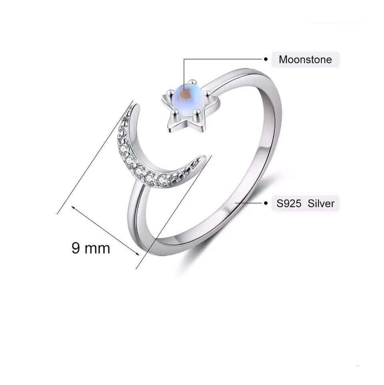 Celestial Moonstone Ring showing 9 mm face size, moonstone centerpiece, and S925 sterling silver construction.