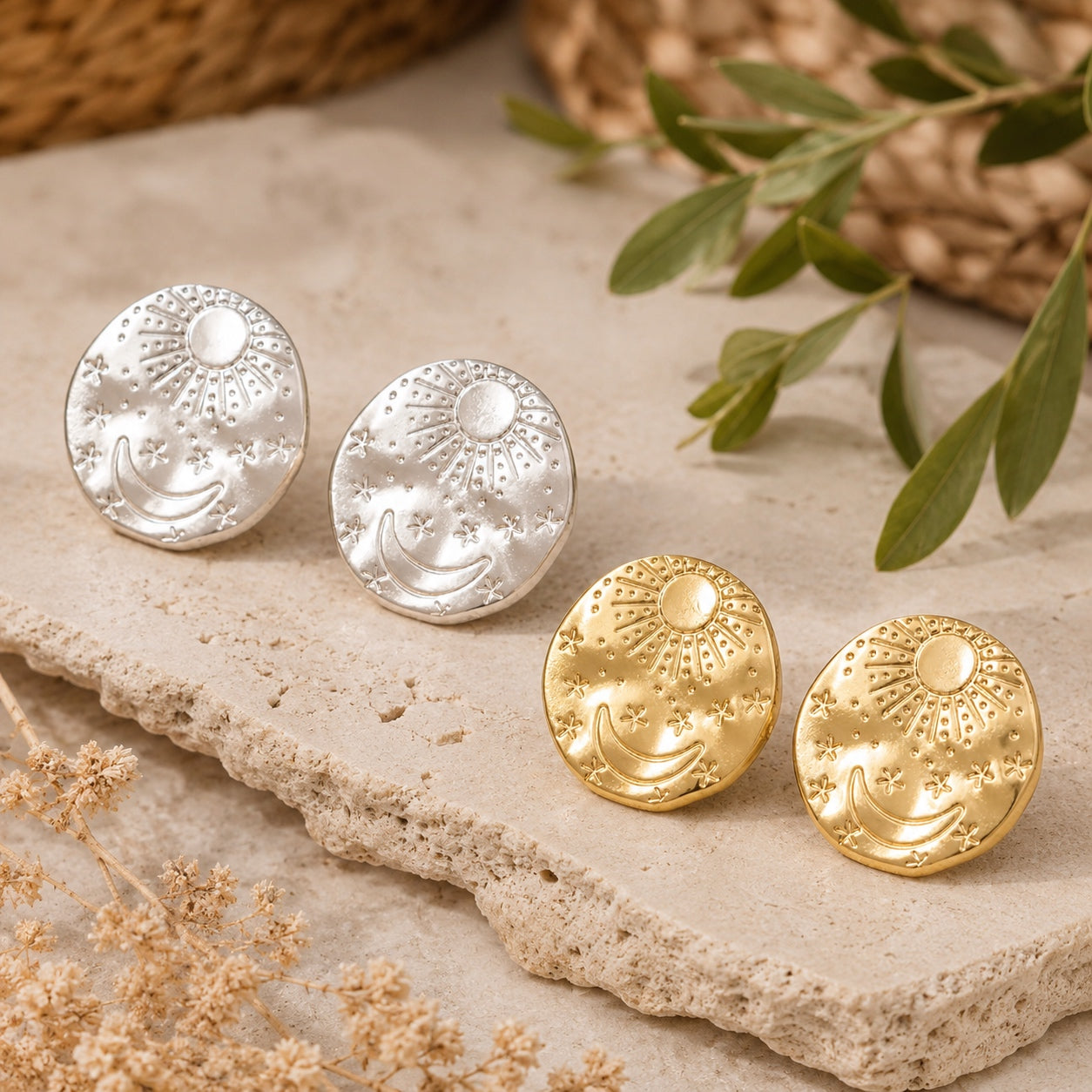 Celestial Stud Earrings with sun, moon and star details in gold and silver.