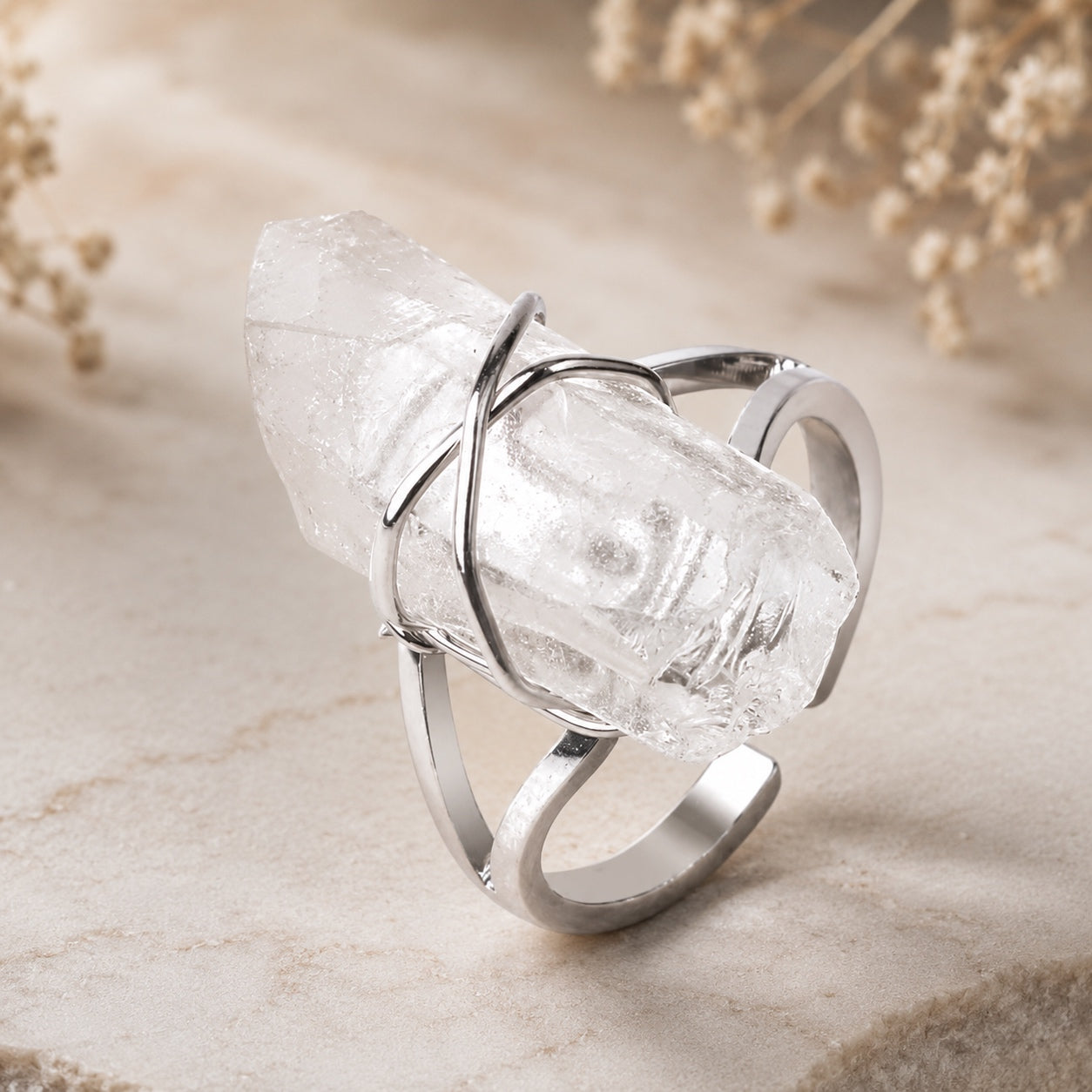 Silver Clear Quartz Crystal Ring featuring a natural double-point quartz stone wrapped in polished silver wire.