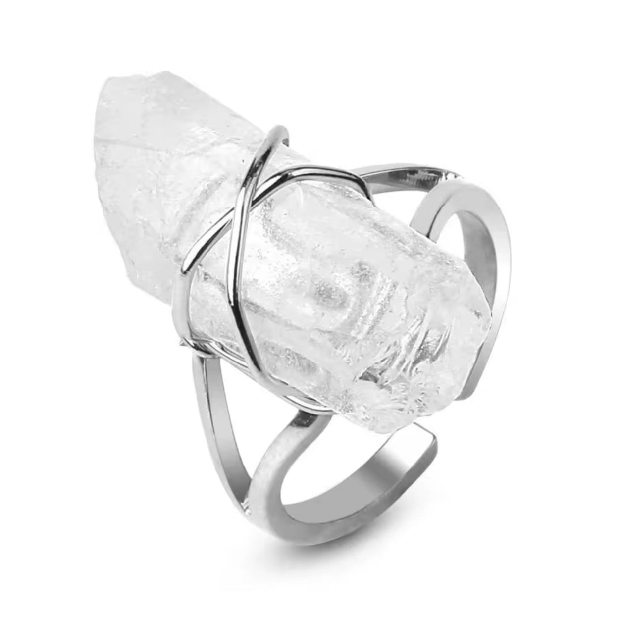 Silver Clear Quartz Crystal Ring isolated on a white background showing the natural quartz crystal and adjustable band.