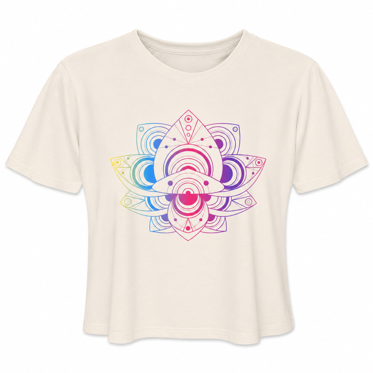 Front view of the Colorful Lotus Crop Tee in Dust featuring a colorful rainbow lotus mandala graphic on a relaxed women’s cropped t-shirt against a white background.