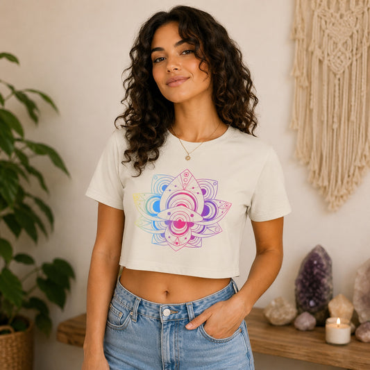 Woman wearing the Colorful Lotus Crop Tee in Dust featuring a vibrant rainbow lotus mandala graphic, styled with light wash jeans in a cozy boho-inspired setting.