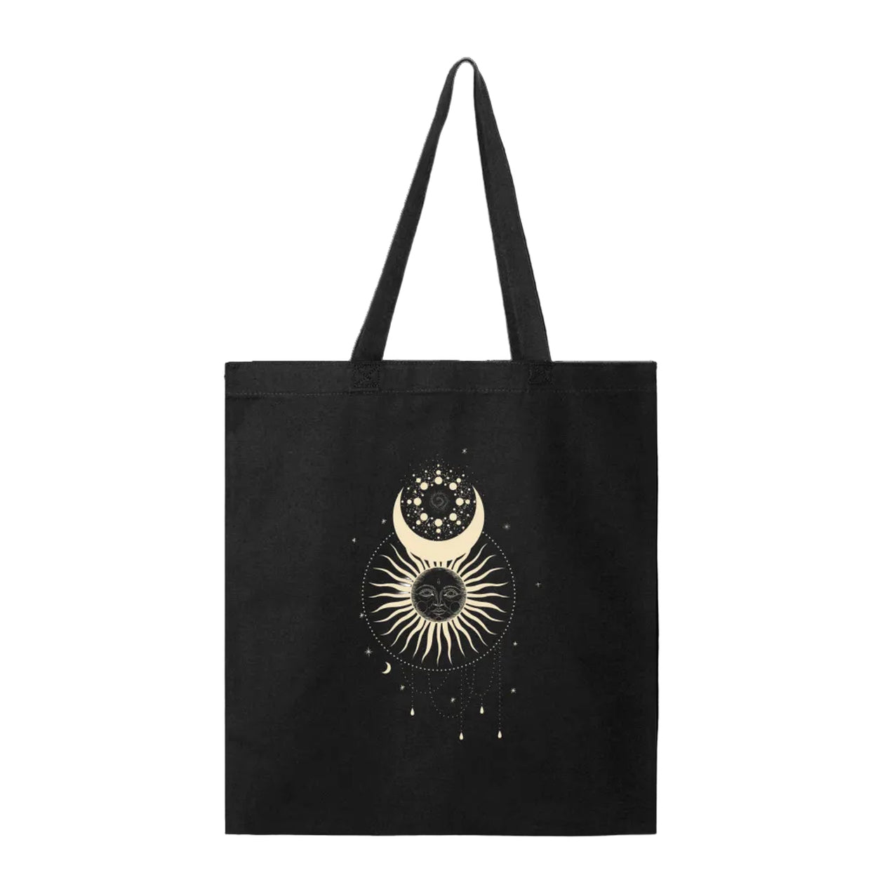 Black Cosmic Wanderer Tote Bag with a celestial sun, crescent moon, and star design printed on the front against a white background.