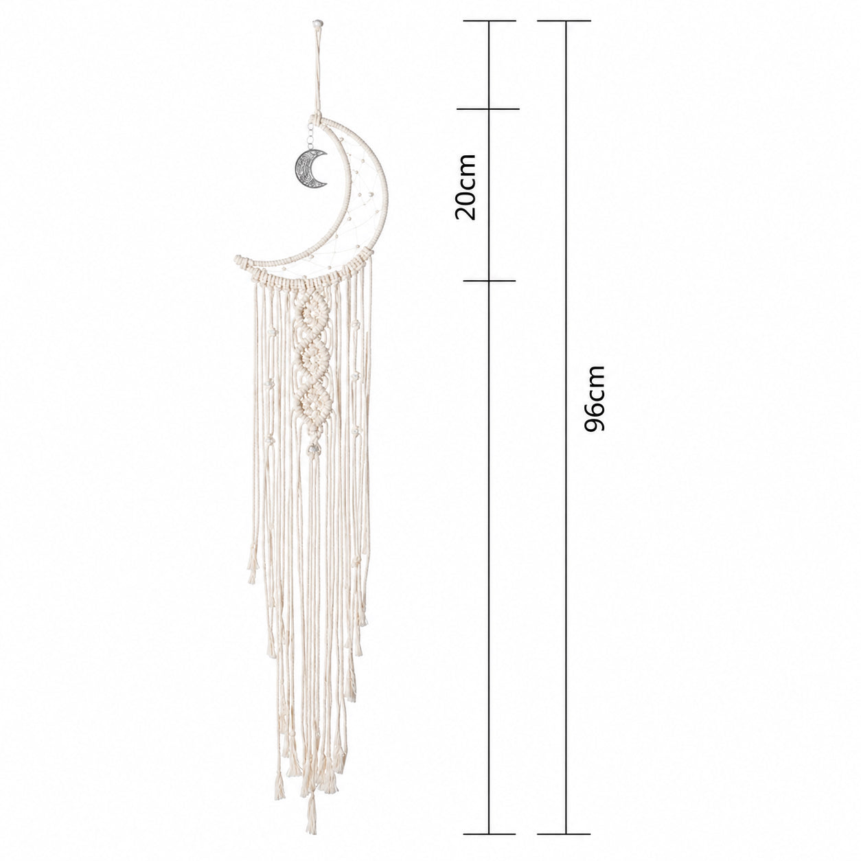 Crescent Moon Macrame Wall Hanging with dimensions showing 96 cm total height and 20 cm wide crescent moon frame.