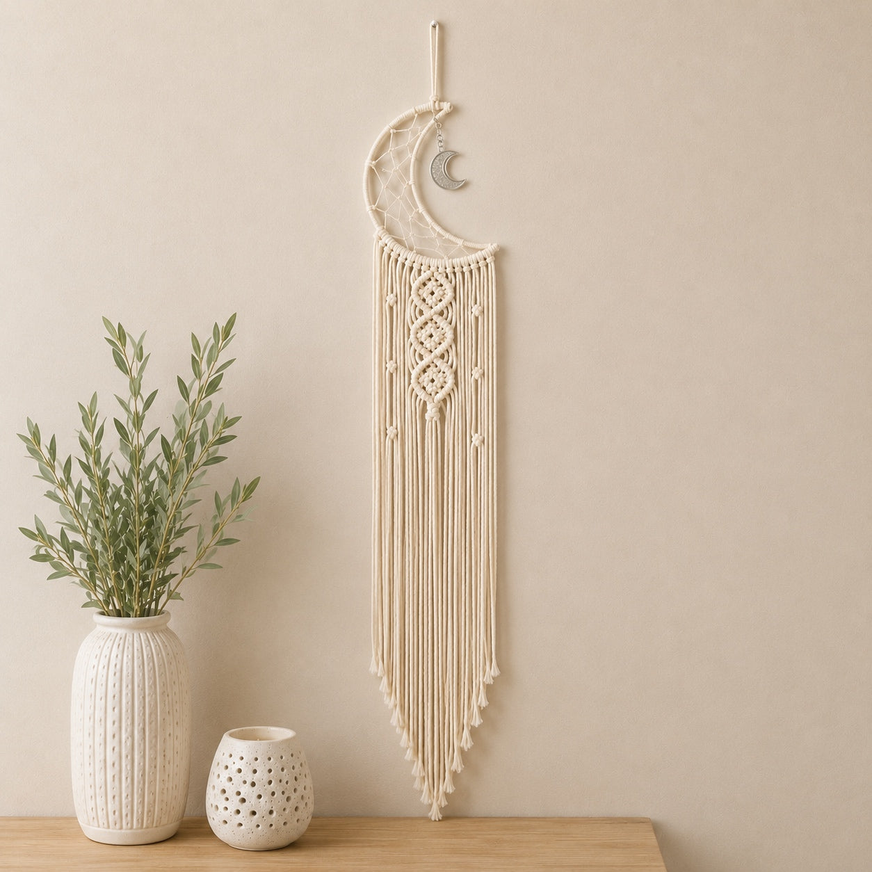 Crescent Moon Macrame Wall Hanging displayed above a wooden table with ceramic vases, adding boho charm to a neutral home décor setting.