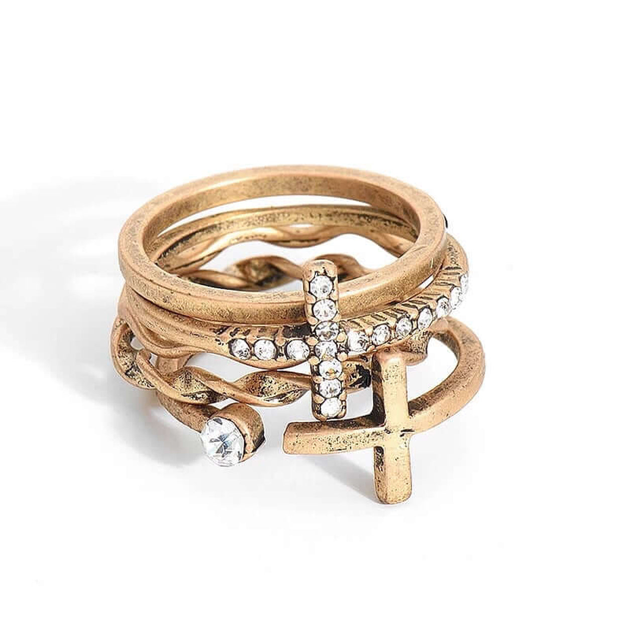 Gold Crosses Ring Set with five stackable rings featuring crystal cross, twisted bands, and minimalist designs.