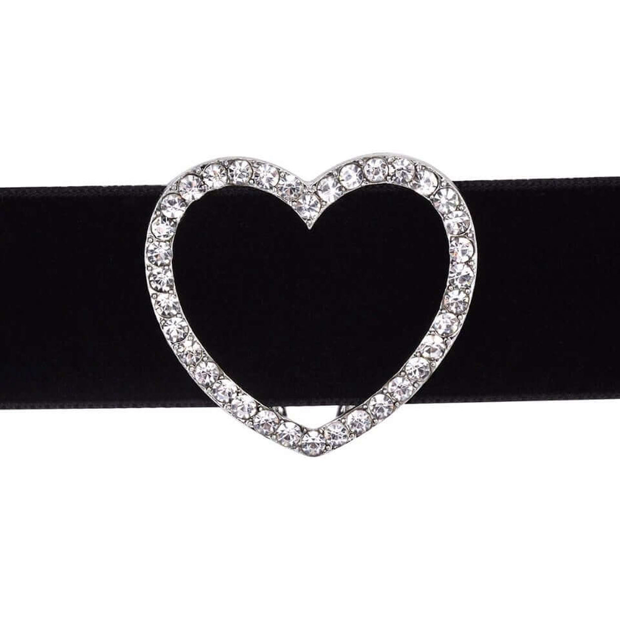 Close-up of the Crystal Heart Velvet Choker featuring a sparkling rhinestone heart centerpiece.