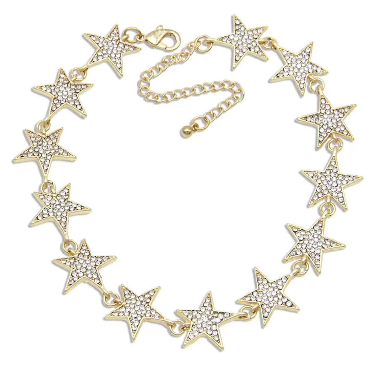 Gold Crystal Star Collar Necklace featuring crystal pavé star charms and adjustable chain necklace on a white background.