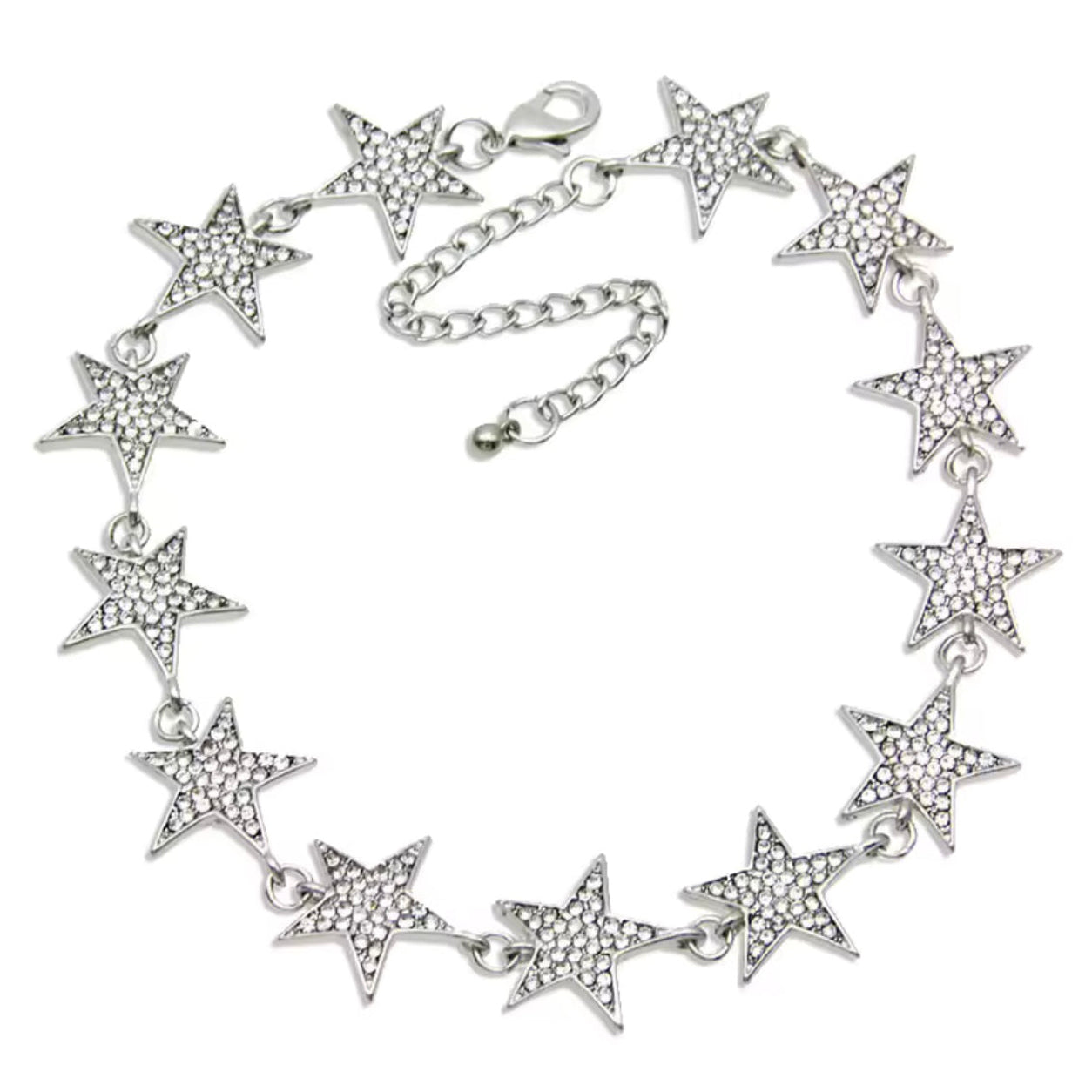 Silver Crystal Star Collar Necklace with crystal pavé star links and adjustable chain on a clean white background.