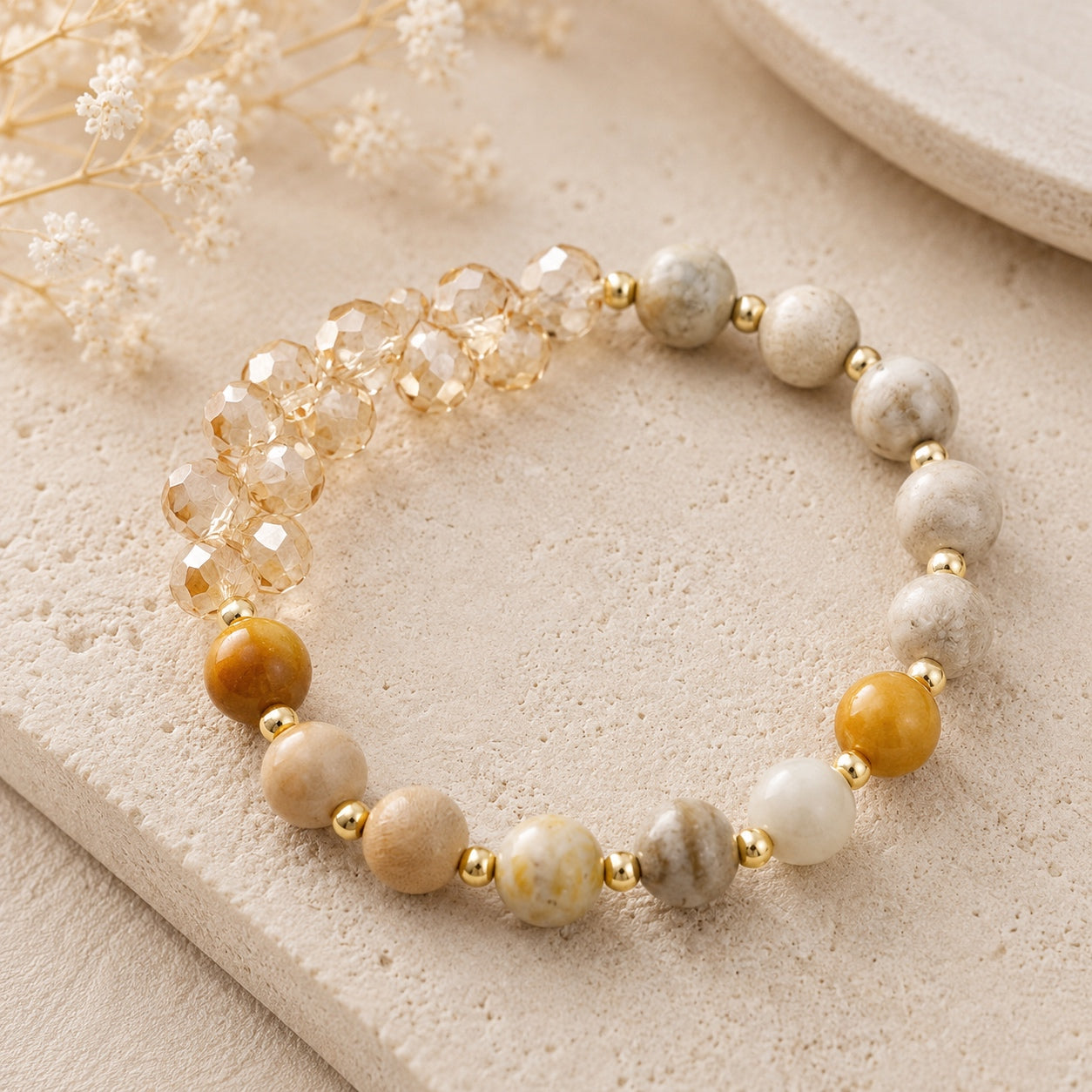Crystal beaded bracelet from the Crystal & Stone Bracelet Stack featuring faceted crystal beads, natural stone beads, and gold-tone accents.