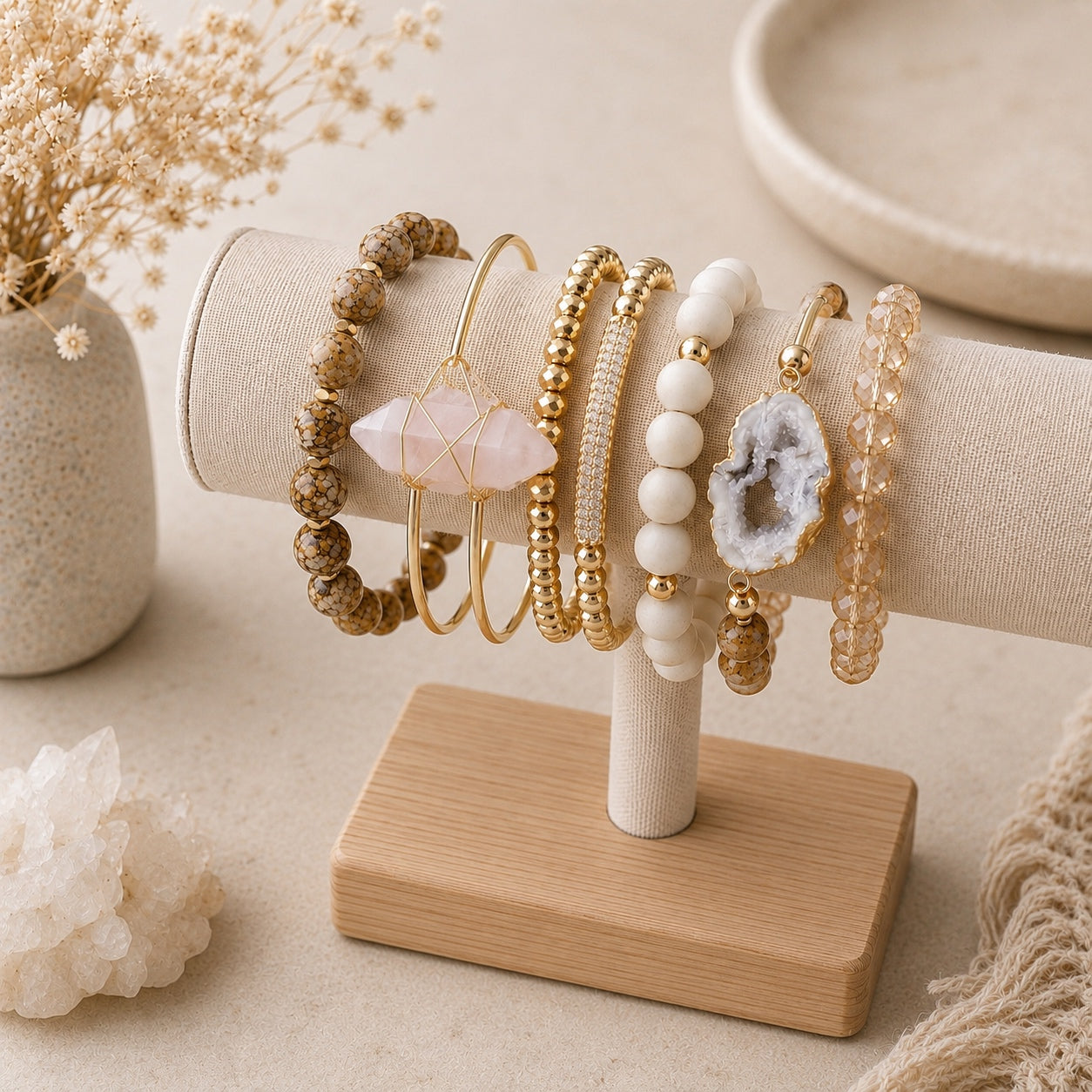 Crystal & Stone Bracelet Stack featuring gold-tone beaded bracelets, natural stone beads, druzy, crystal accents, and a layered boho design.