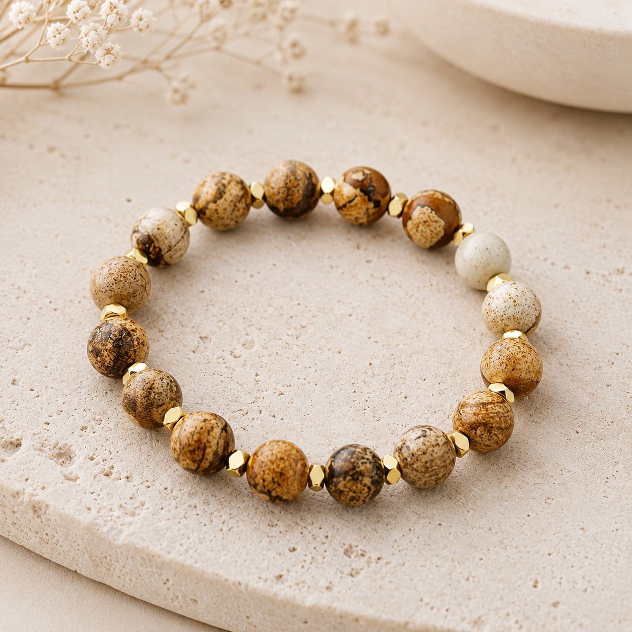 Picture jasper beaded bracelet from the Crystal & Stone Bracelet Stack featuring natural stone beads with gold-tone spacer accents.
