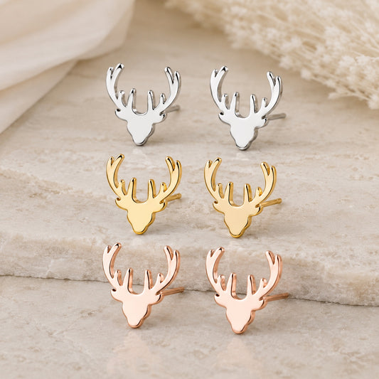 Deer antler stud earrings in silver, gold and rose gold.