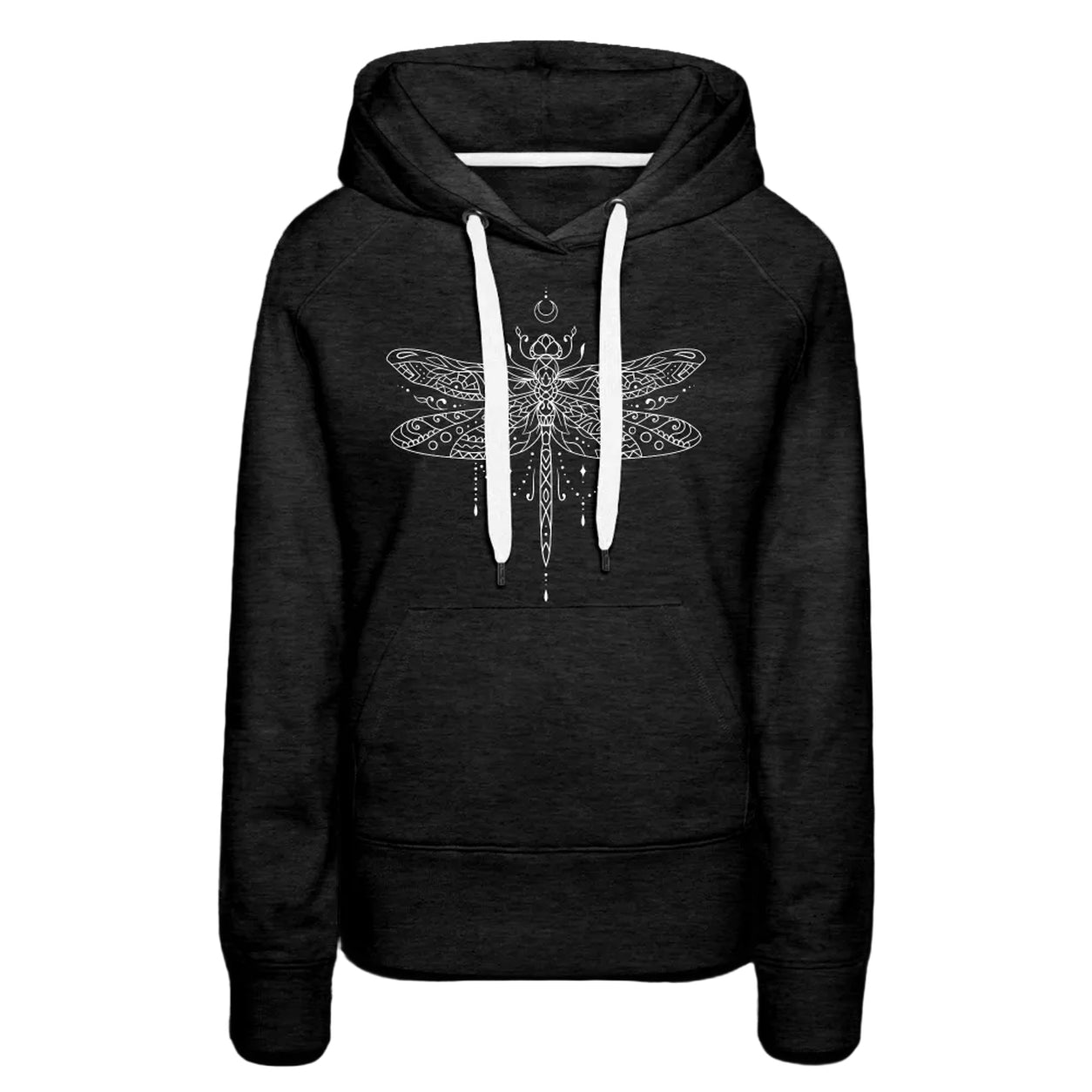 Dragonfly Hoodie in black featuring a white boho dragonfly graphic on the front.