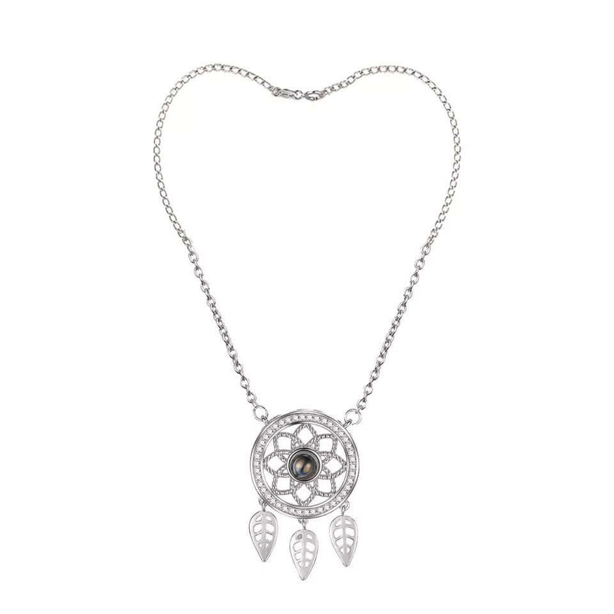 Front view of the silver Dreamcatcher Necklace featuring an openwork dreamcatcher pendant with leaf charms.