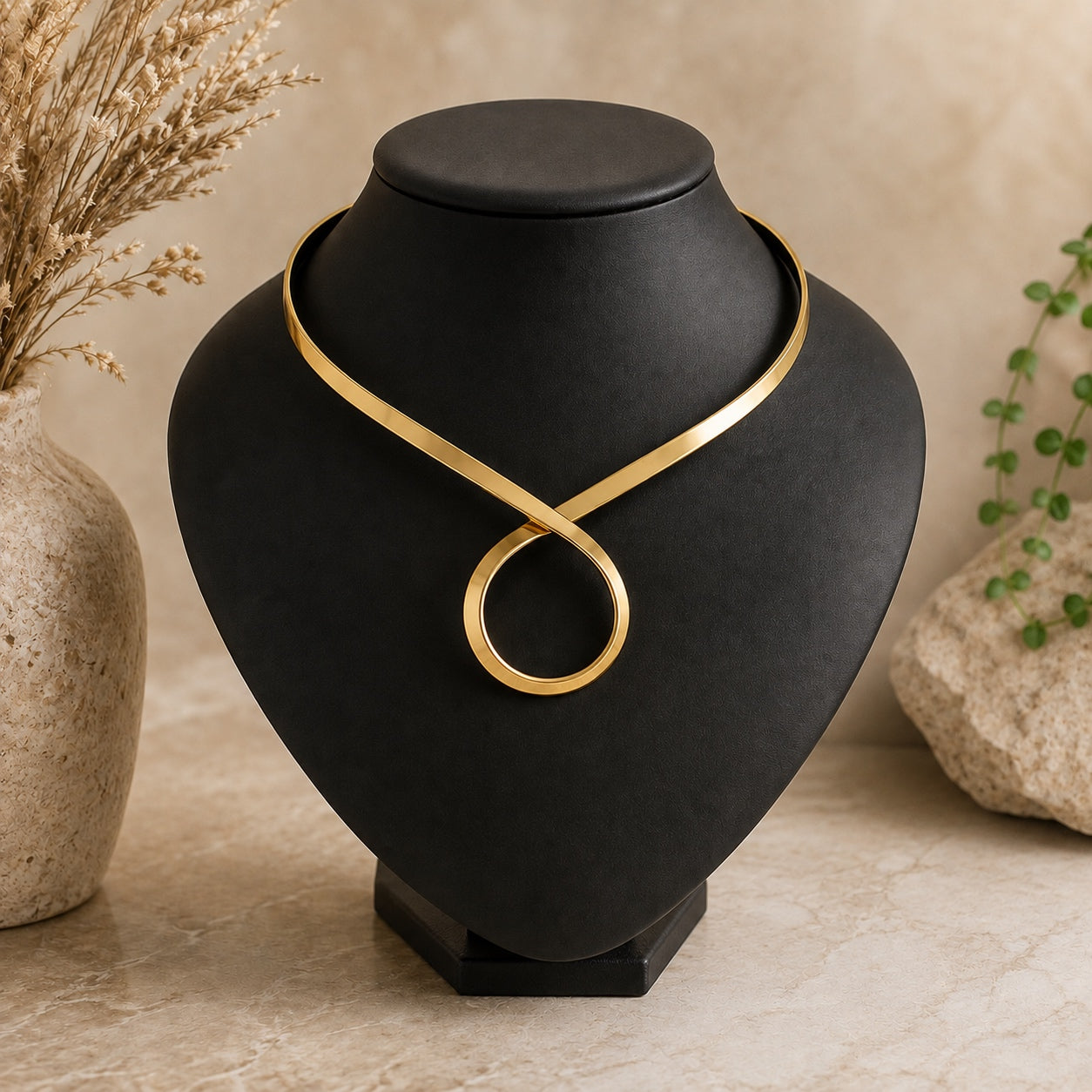 Enchantress Torque Collar Necklace in gold with sculptural open collar design and loop pendant detail.