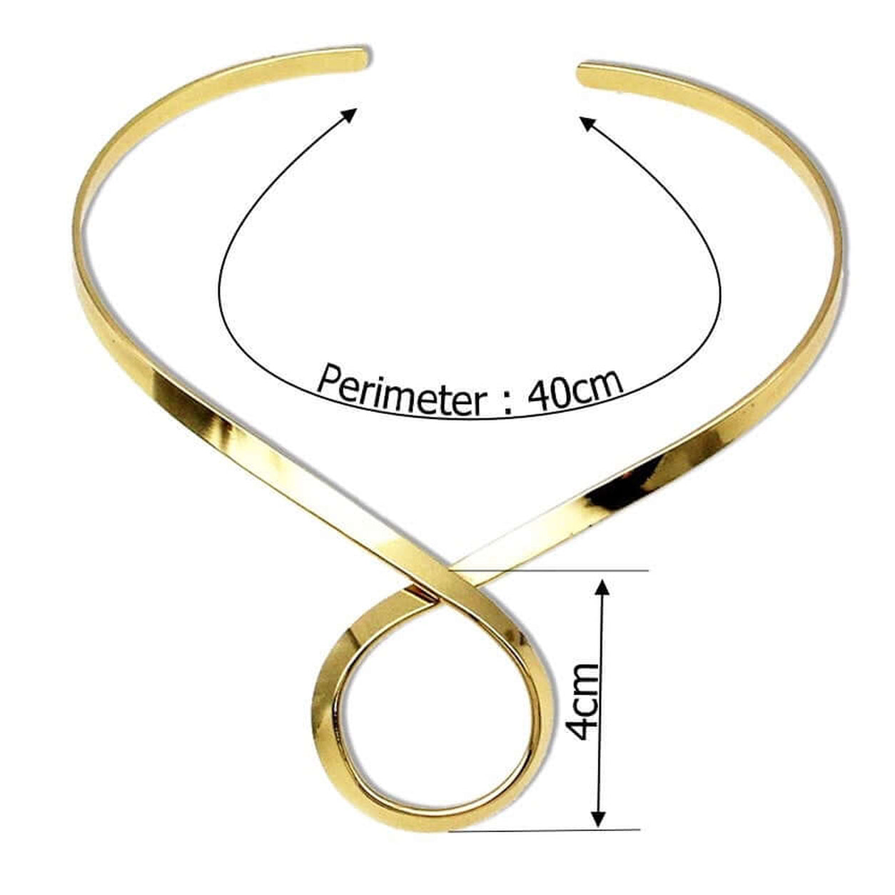 Gold Enchantress Torque Collar Necklace dimensions showing 40 cm collar and circular pendant detail.
