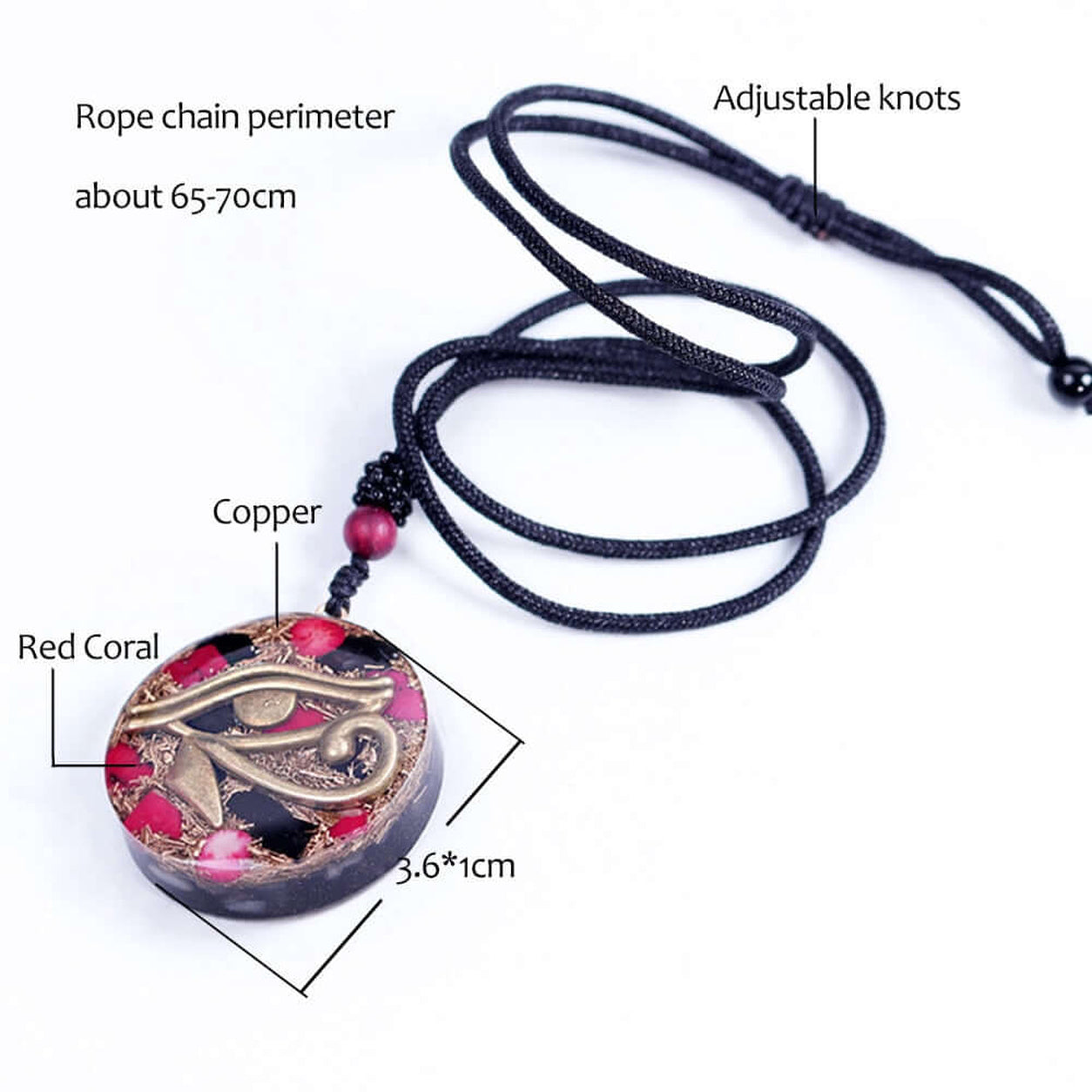 Eye Of Horus Pendant Necklace with adjustable cord, size dimensions, bronze Eye of Horus symbol, and handcrafted resin pendant with red coral.