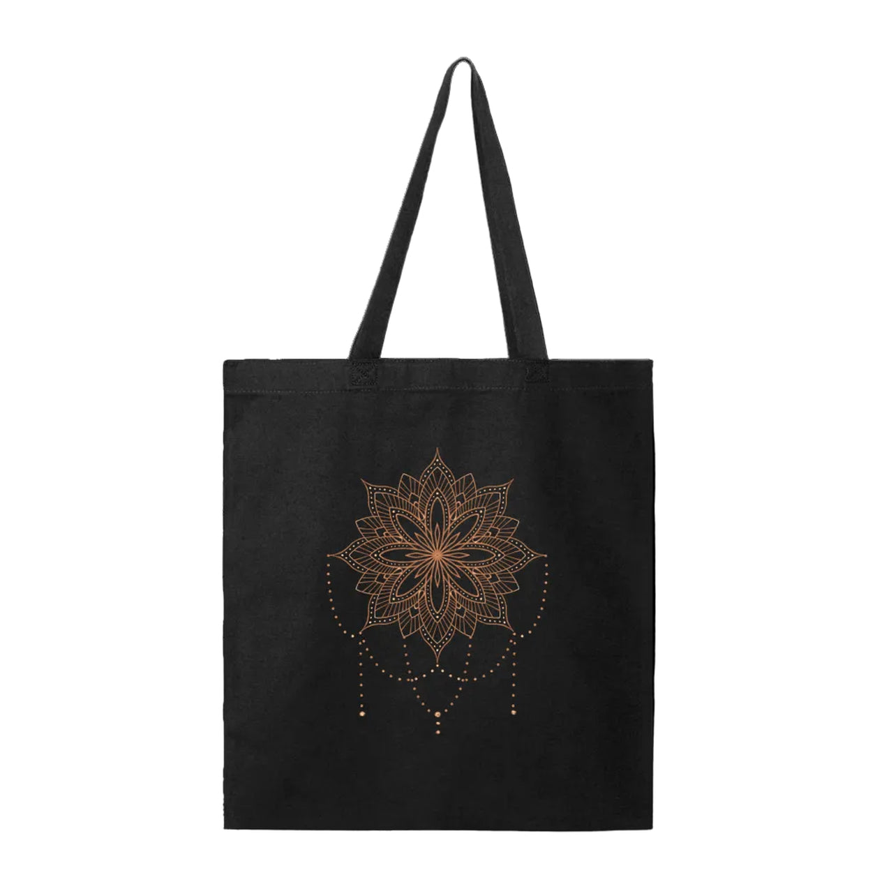 Front view of the black Floral Mandala Tote Bag featuring an intricate copper floral mandala design on a black cotton tote.