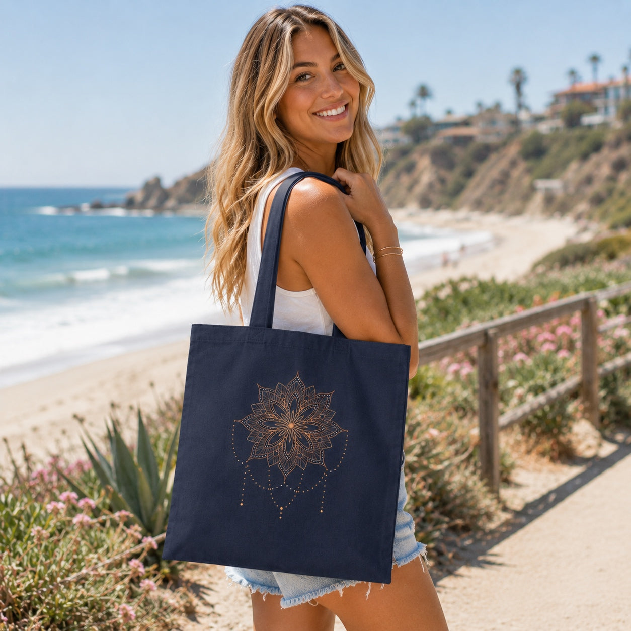     Woman carrying the navy Floral Mandala Tote Bag with a copper floral mandala design while walking along a sunny beach.
