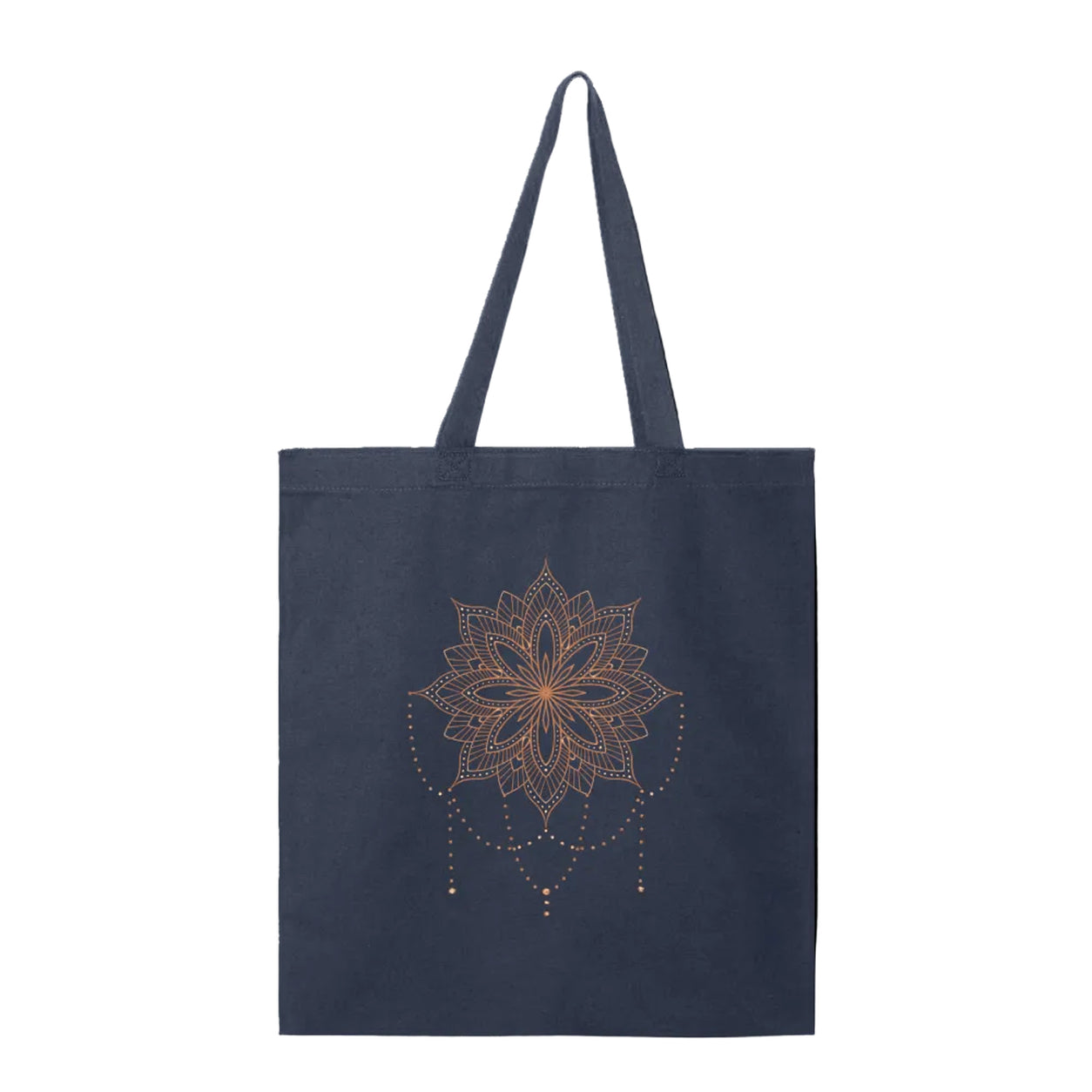 Front view of the navy Floral Mandala Tote Bag featuring an elegant copper floral mandala design on a navy cotton tote.