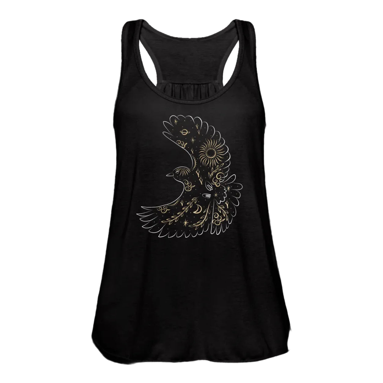 Front view of the Free Bird Flowy Tank Top in black with celestial bird graphic print.