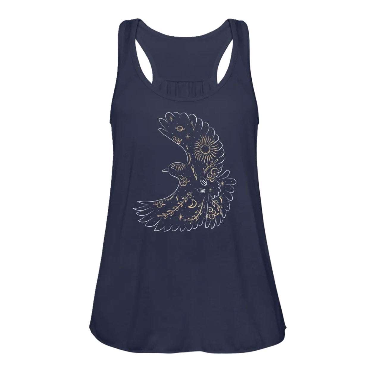 Front view of the Free Bird Flowy Tank Top in navy with celestial bird graphic print.