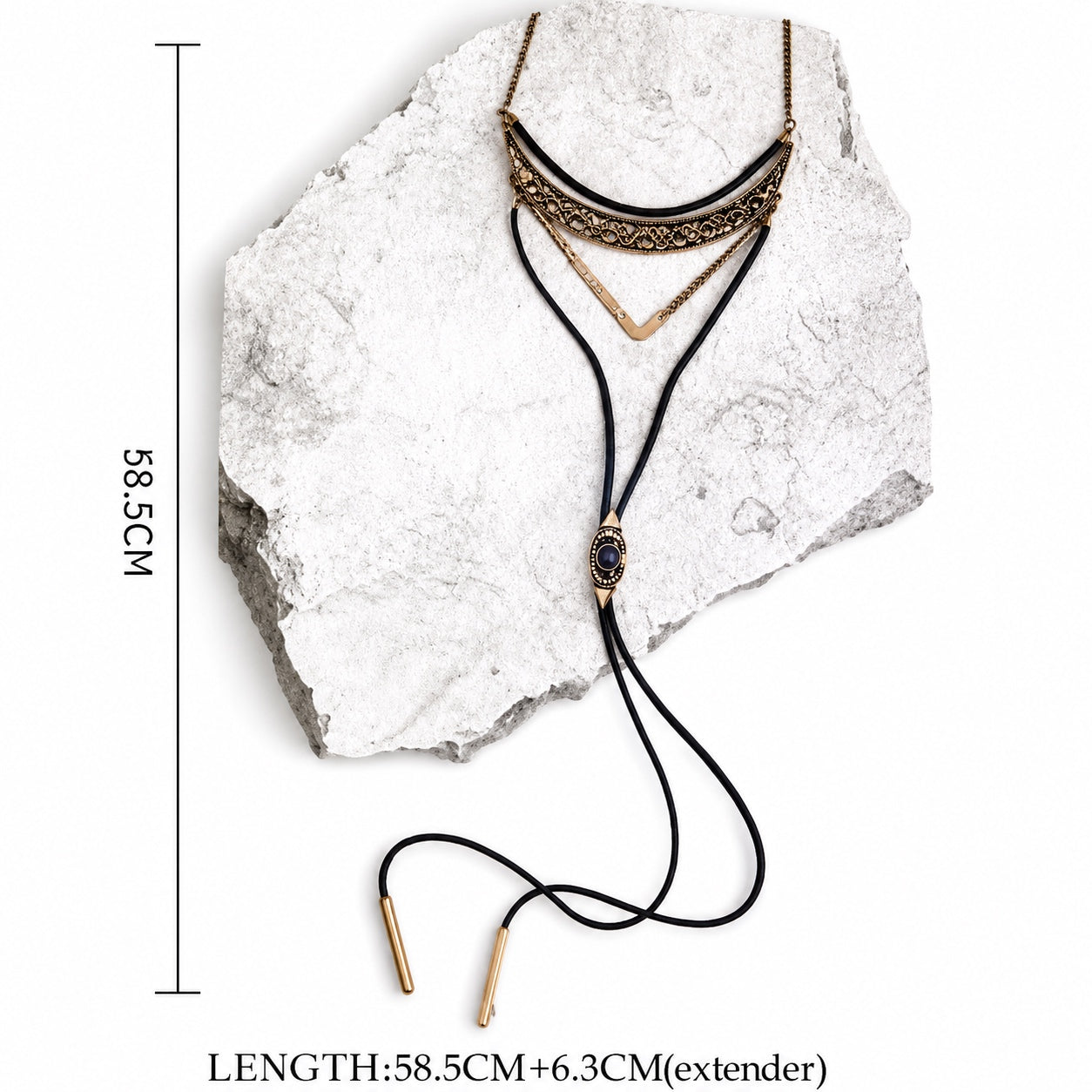 Geometric Bolo Necklace with adjustable black cord, antique bronze geometric pendants and size dimensions.