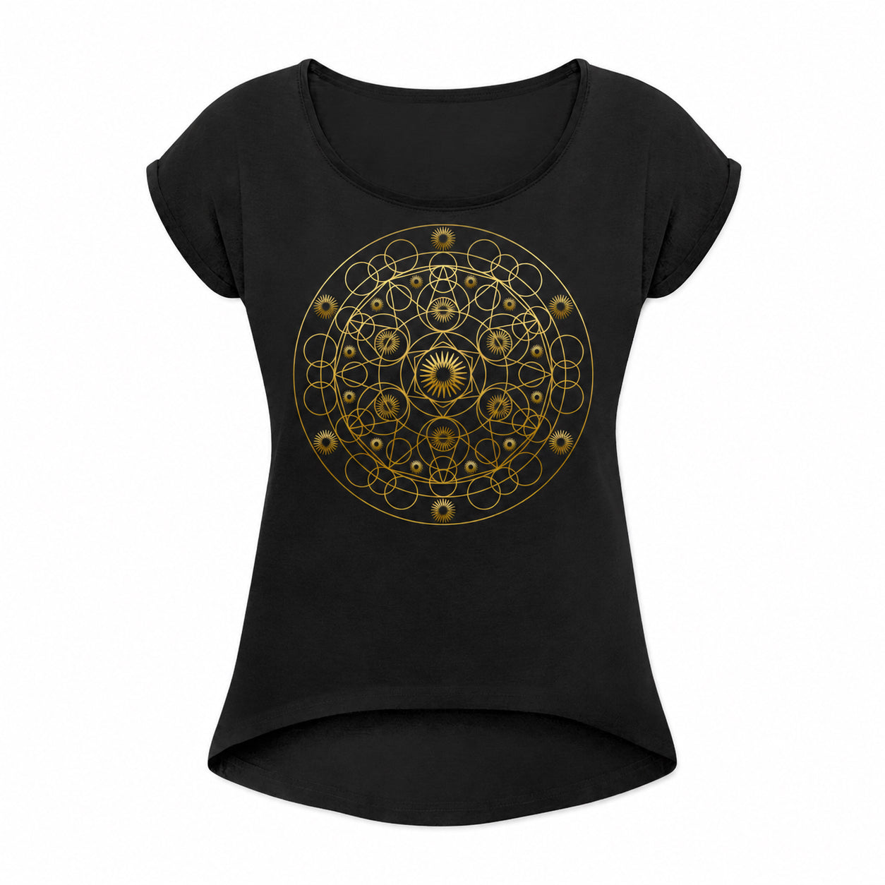 Geometric Mandala Roll Cuff Tee in black with an intricate gold geometric mandala design displayed on a white background.