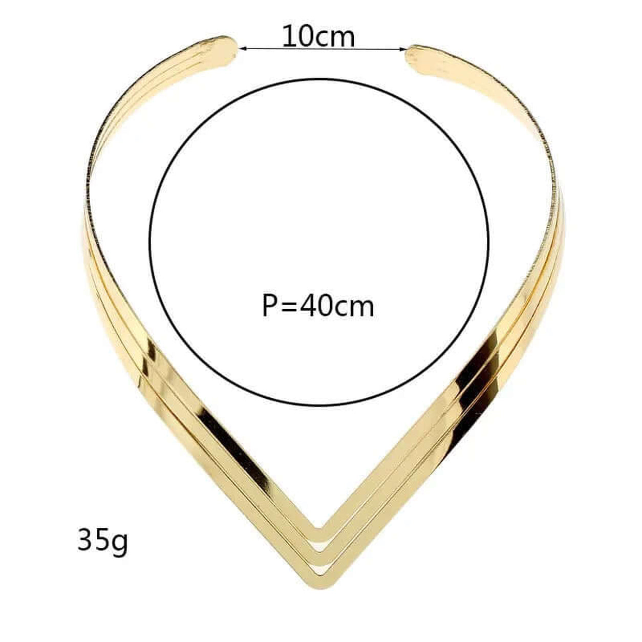 Size guide for the Geometric Torque Collar Necklace showing approximate collar dimensions and fit.
