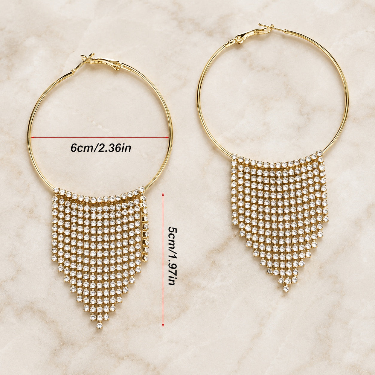 Gold Crystal Fringe Hoop Earrings measuring approximately 6 cm wide by 5 cm long with shimmering rhinestone fringe.