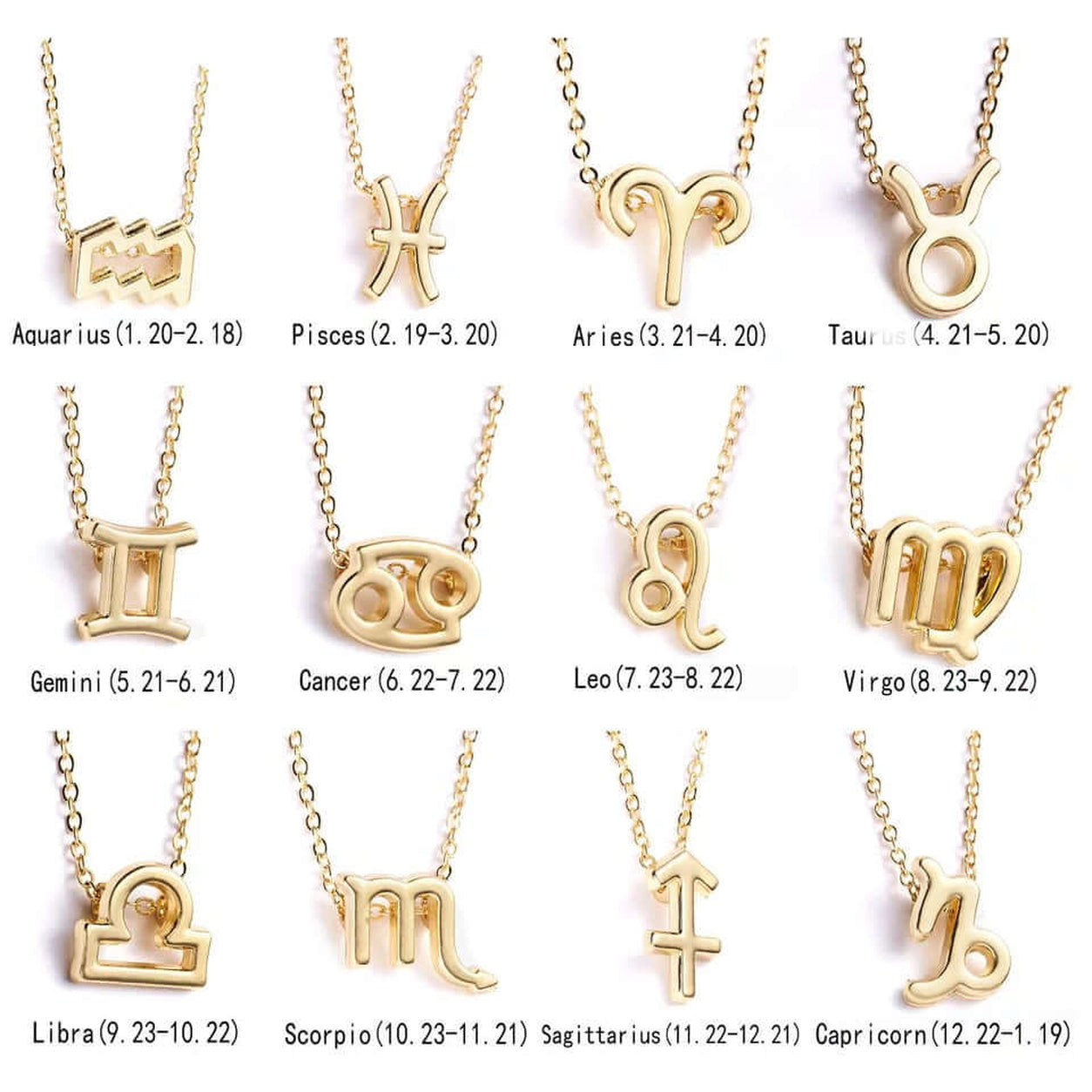 Gold Zodiac Necklace with all 12 zodiac sign pendant options and zodiac names.