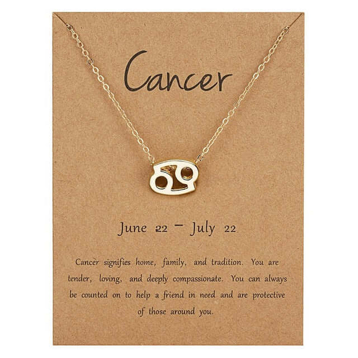Gold Zodiac Necklace featuring the Cancer zodiac symbol pendant on a delicate gold chain with Cancer zodiac card.