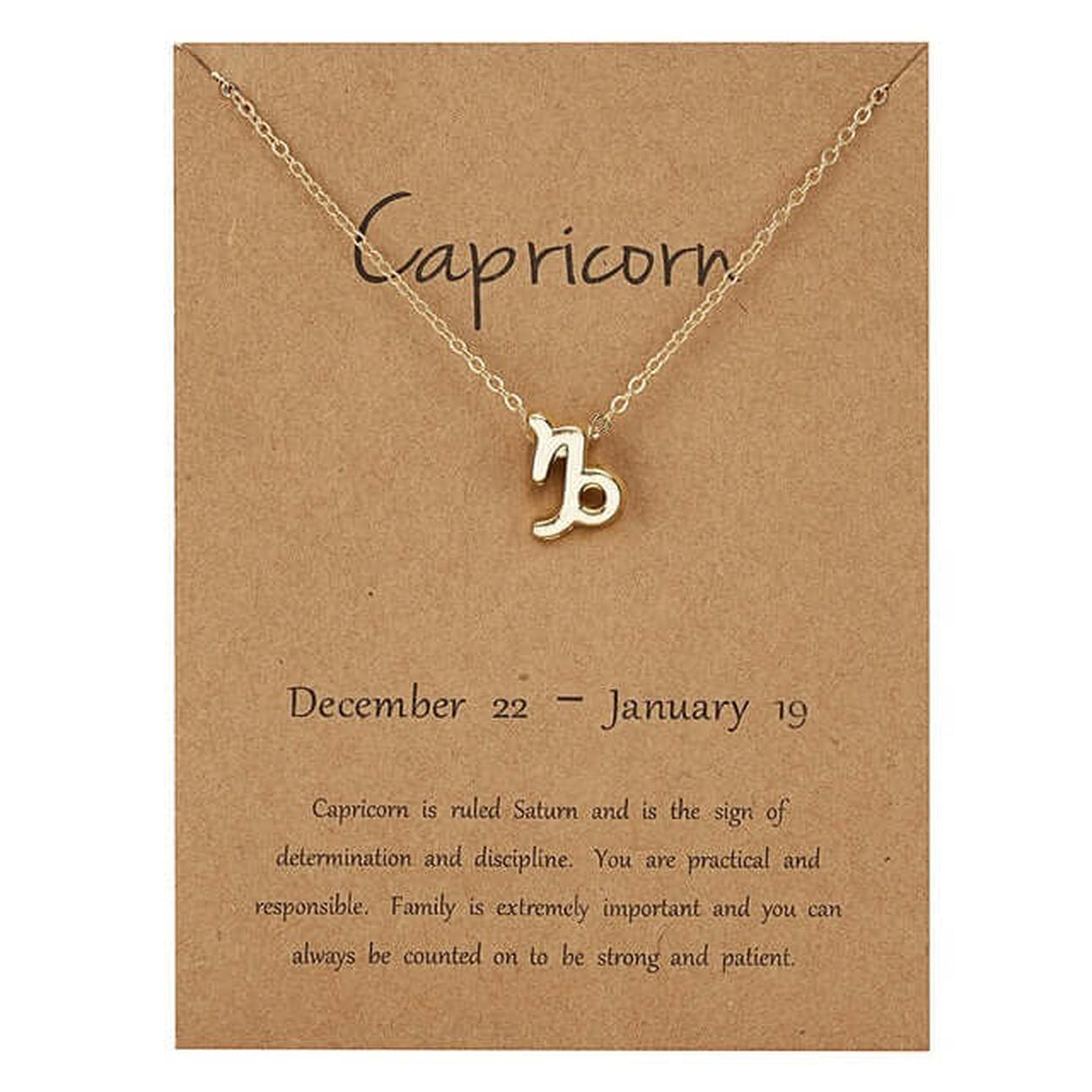 Gold Zodiac Necklace featuring Capricorn zodiac sign pendant and constellation card.